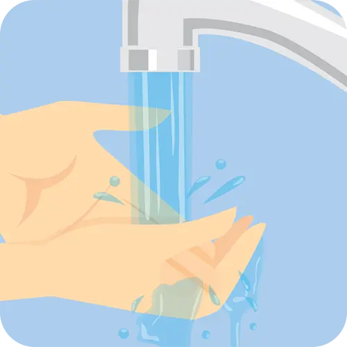 A person's hands under running water from a faucet, representing hand-washing.